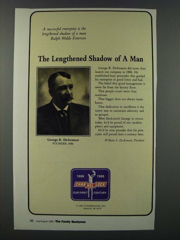 1986 Channellock Pliers Ad - The lengthened Shadow of a Man
