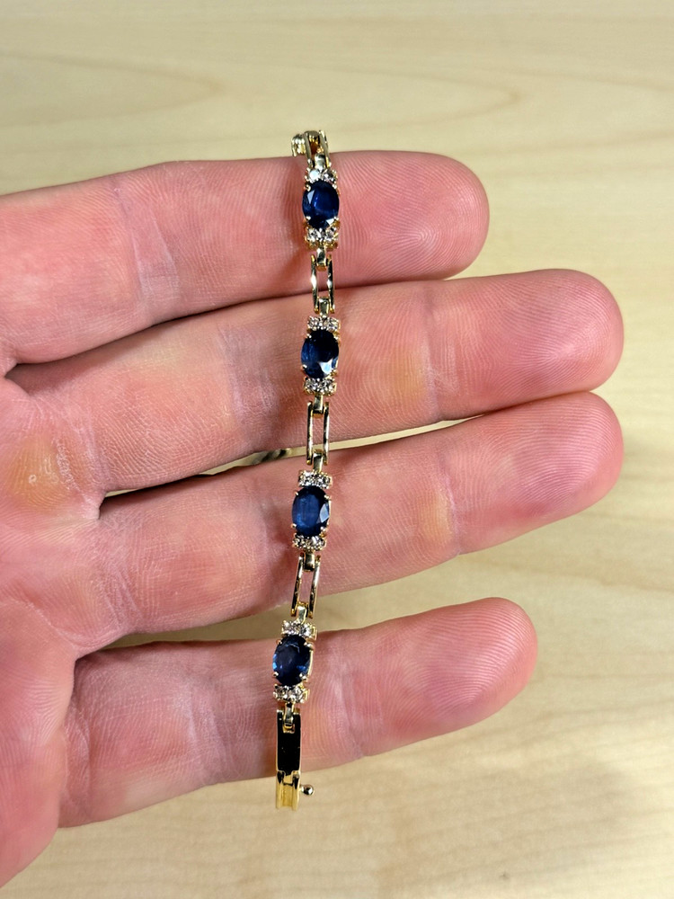 Solid 14k Yellow Gold Natural Diamond Blue Sapphire Tennis Bracelet 7.25 Inches