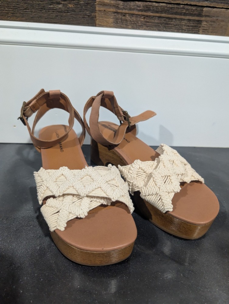 Lucky Brand Crochet, Tan Brown Ankle Strap Sandals Block Heel Womens Size 8 New