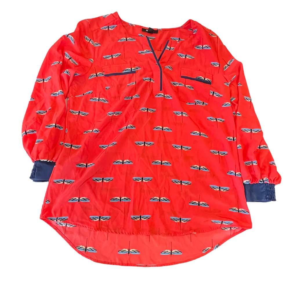 Style & Co Tunic Top Size XL Coral Dragon Fly Print Long Sleeve Blouse Women's