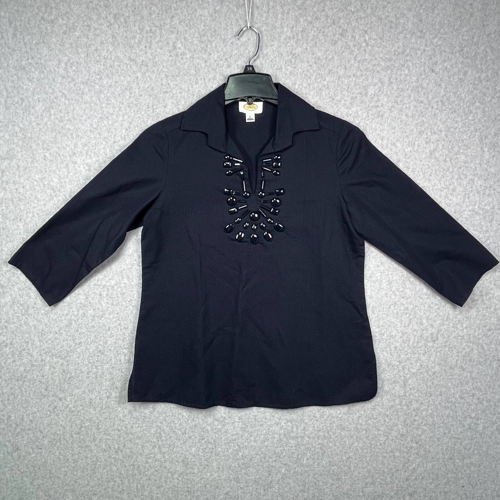 Talbots Blouse Women's Small Navy Blue Embellished V-Neck 3/4 Sleeve Beaded Top
