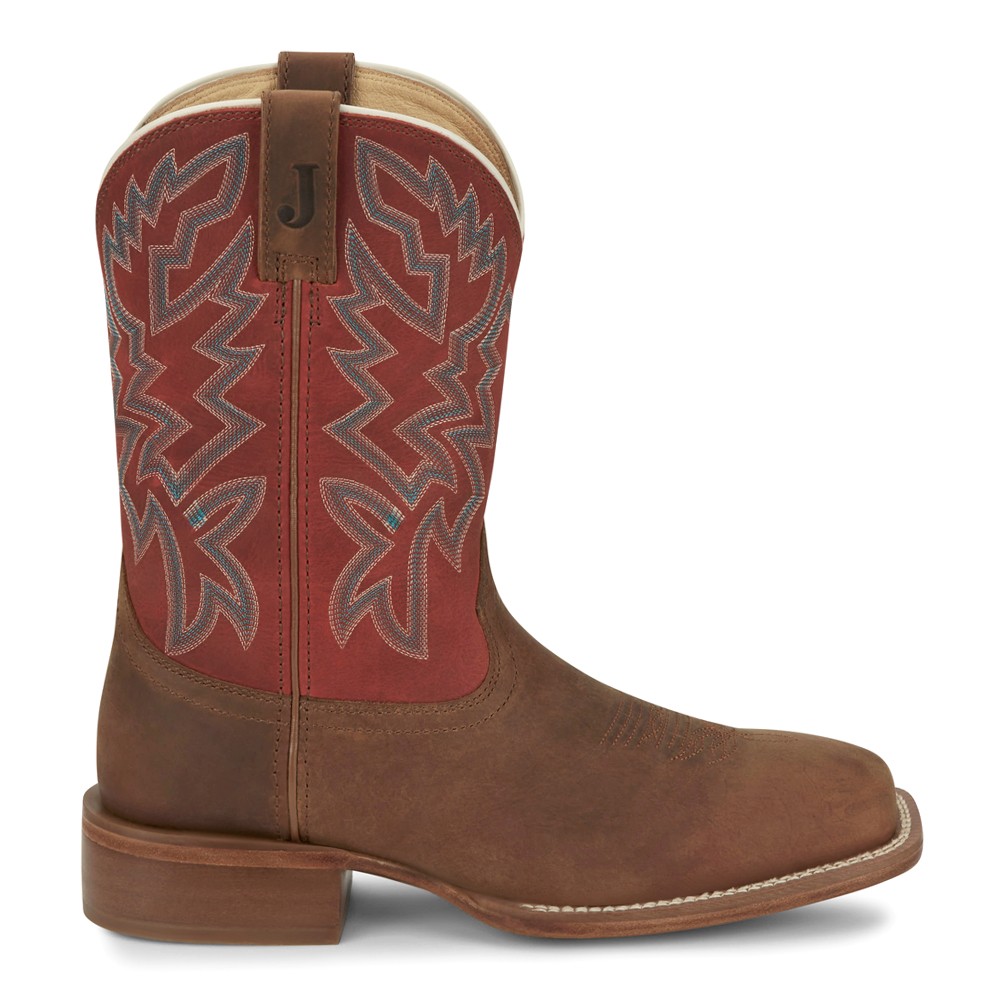 Justin Boots Jackpot 11 Inch Wide Square Toe Cowboy Boots for Men in Brown and Red