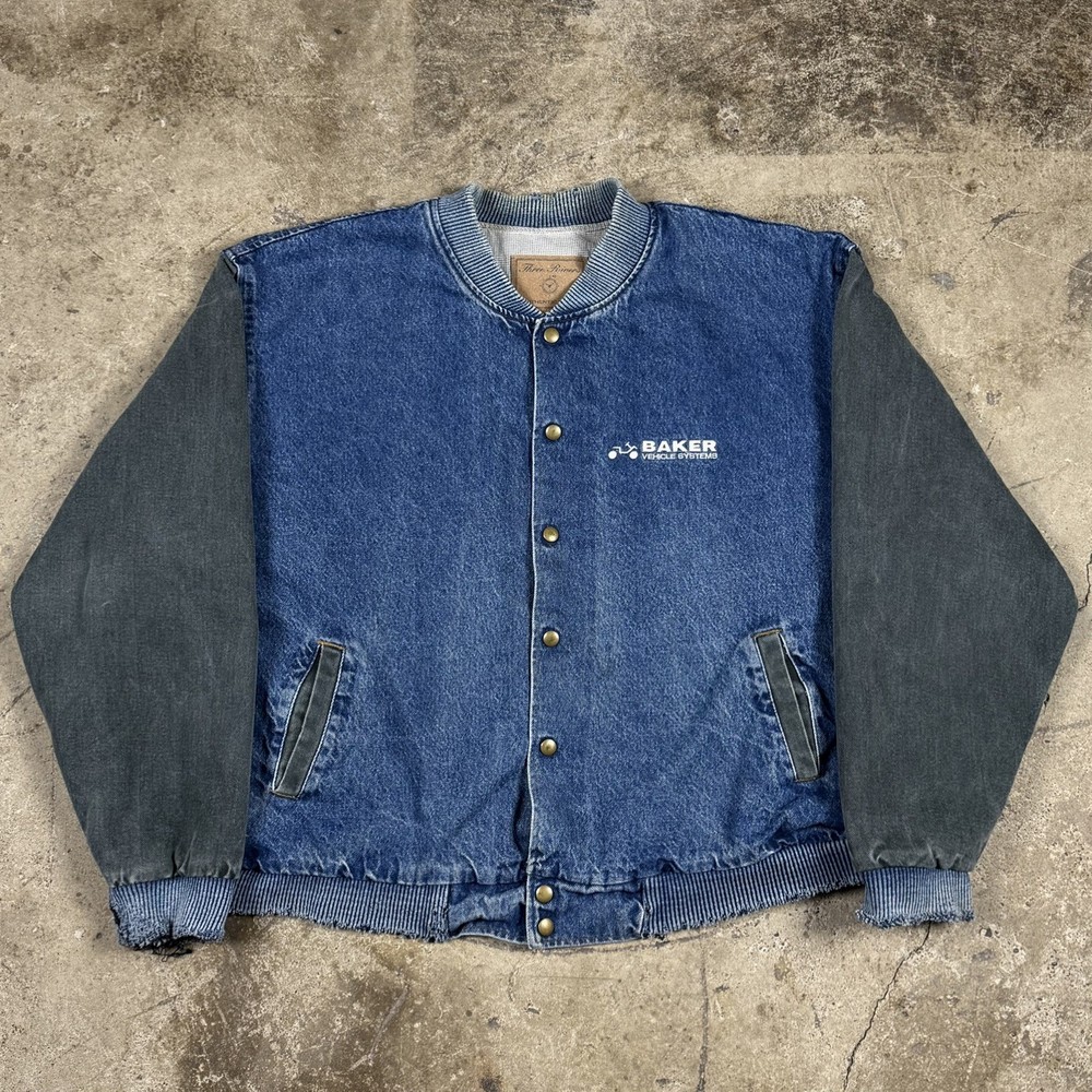 Vintage Three Rivers 2 Tone Denim Bomber Jacket Blue Green Faded USA 90s Size XL