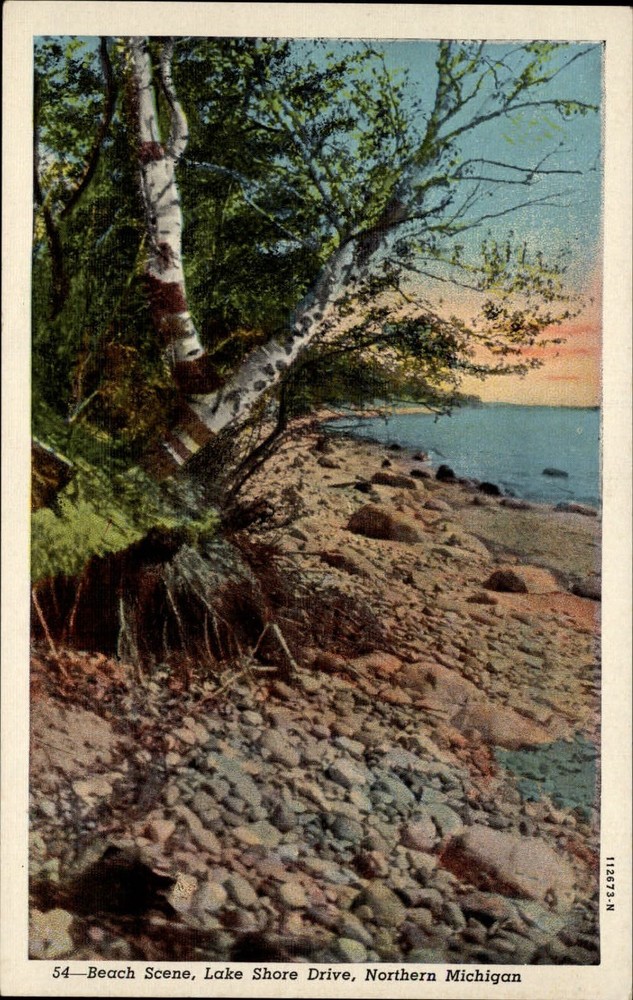 Michigan northern beach scene Lake Shore Drive ~ 1930s linen postcard  ~ s9767