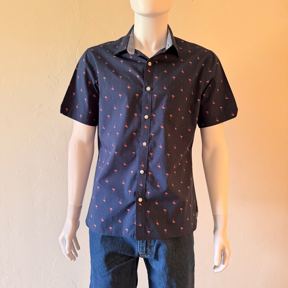 Van Heusen Never Tuck Mens Navy Flamingo Print Short Sleeve Button Down Shirt L