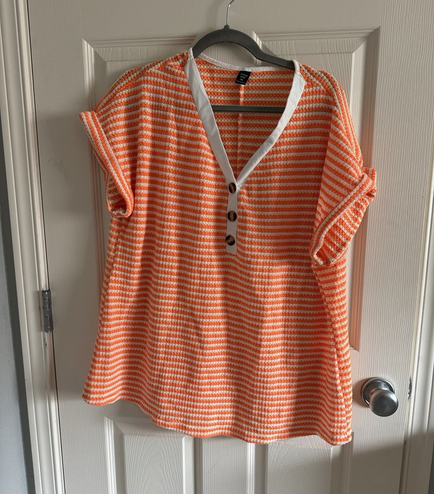 SHEIN Orange White Striped Knit V-Neck Short Sleeve Button Top 2XL