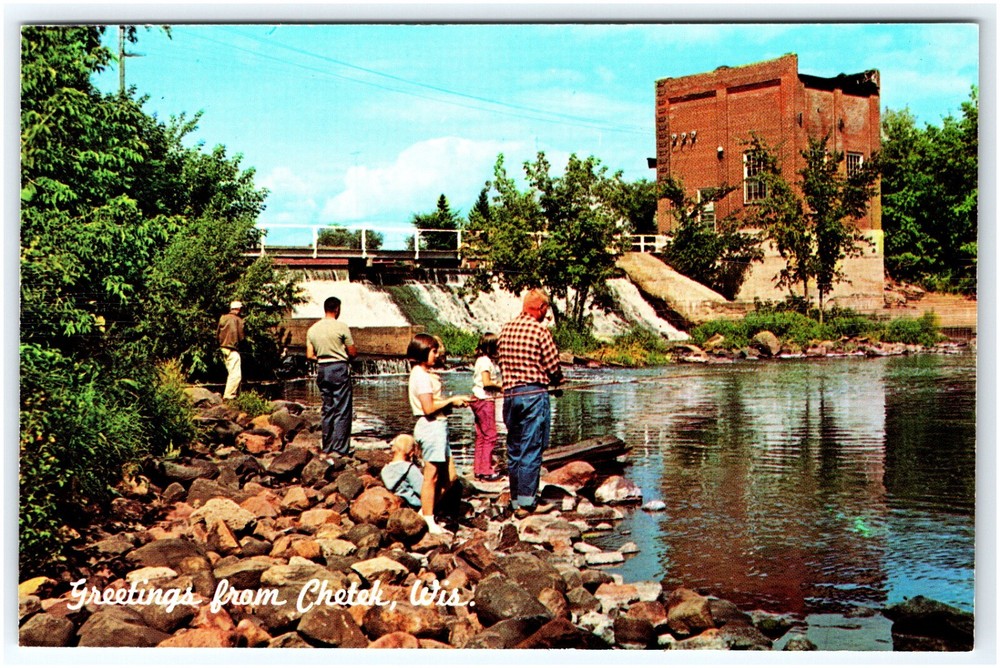 Fishing Northern States Power Co Dam  Chetek River Chetek Wisconsin Vtg Postcard