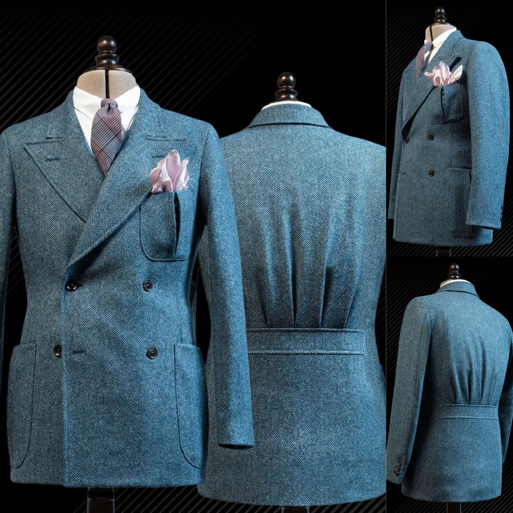 Blue Men's Coat Double Breasted Peak Lapel Tweed Herringbone Casual Man Jackets