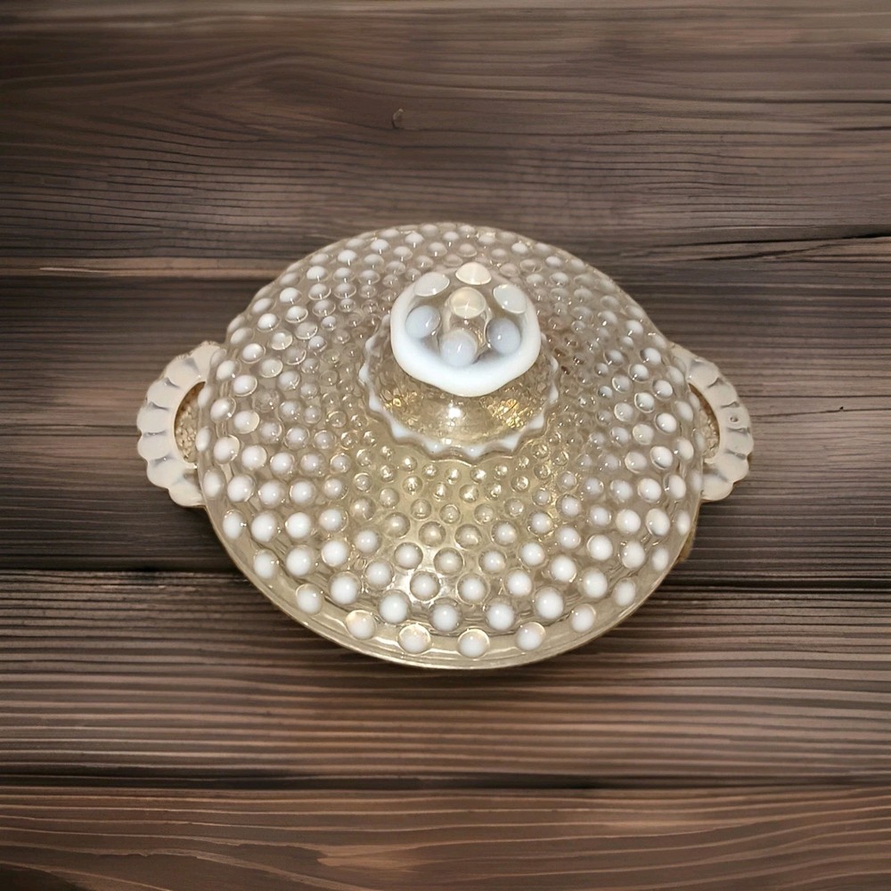 Anchor Hocking MOONSTONE Clear OPALESCENT GLASS Candy Dish w Handles Lid Hobnail