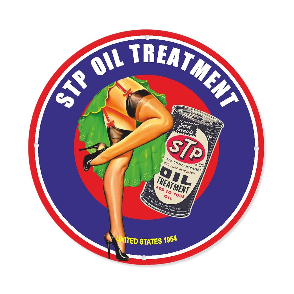VINTAGE STP OIL TREATMENT GAS&OIL SERVICE PUMP PINUP GIRL PORCELAIN ENAMEL SIGN