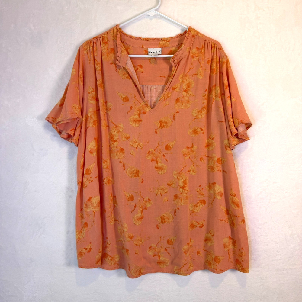 Ava & Viv Top Blouse Women 1X Short Sleeve Floral Print Peach Orange