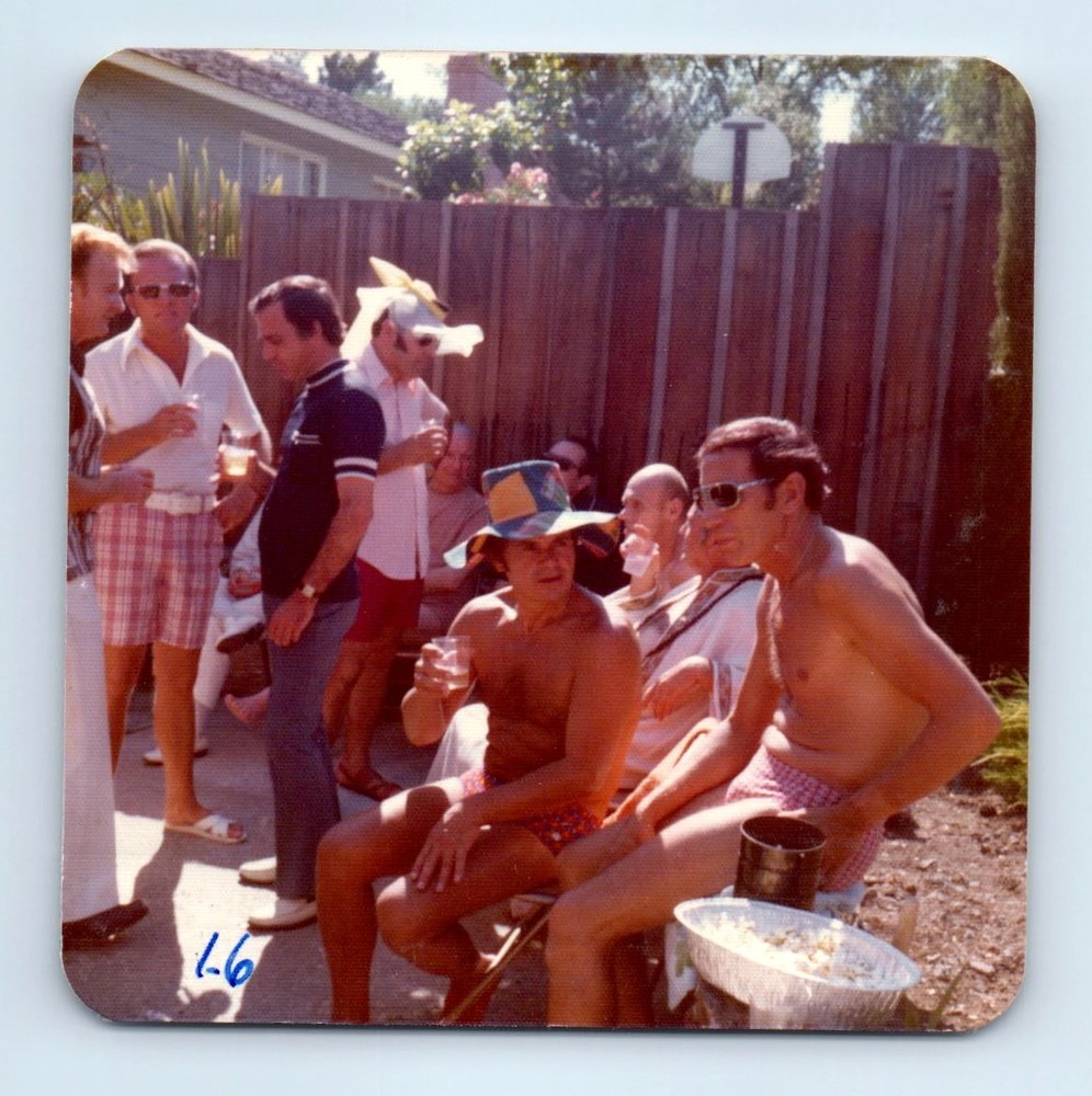 Old Vintage Square Color Photo SHIRTLESS MEN BACKYARD PARTY GAY INT SNAPSHOT