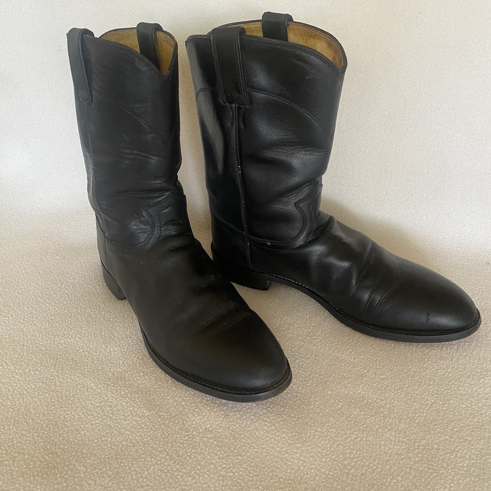 Justin Men's Black Leather Cowboy Roper Boots Size 10.5 D