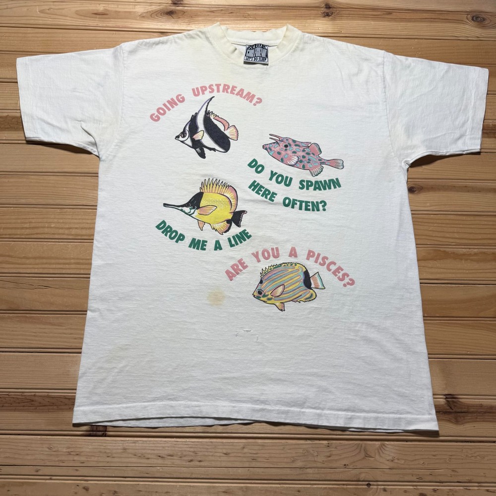Vintage 90s Fish Pun Animals Ocean Sea Life Single Stitch Graphic T-Shirt Large