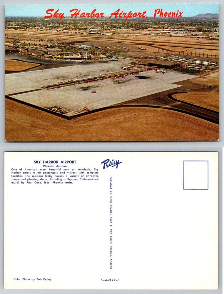 Vintage Sky Harbor Airport Phoenix AZ Postcard Aerial View Petley Chrome
