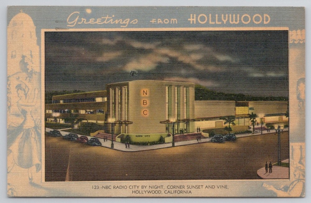 1949 NBC Radio City Hollywood CA Linen Postcard Sunset & Vine Night View