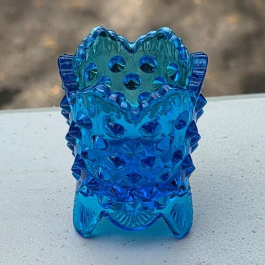 Vintage Fenton Colonial Blue Glass Hobnail 3-Footed Toothpick Holder