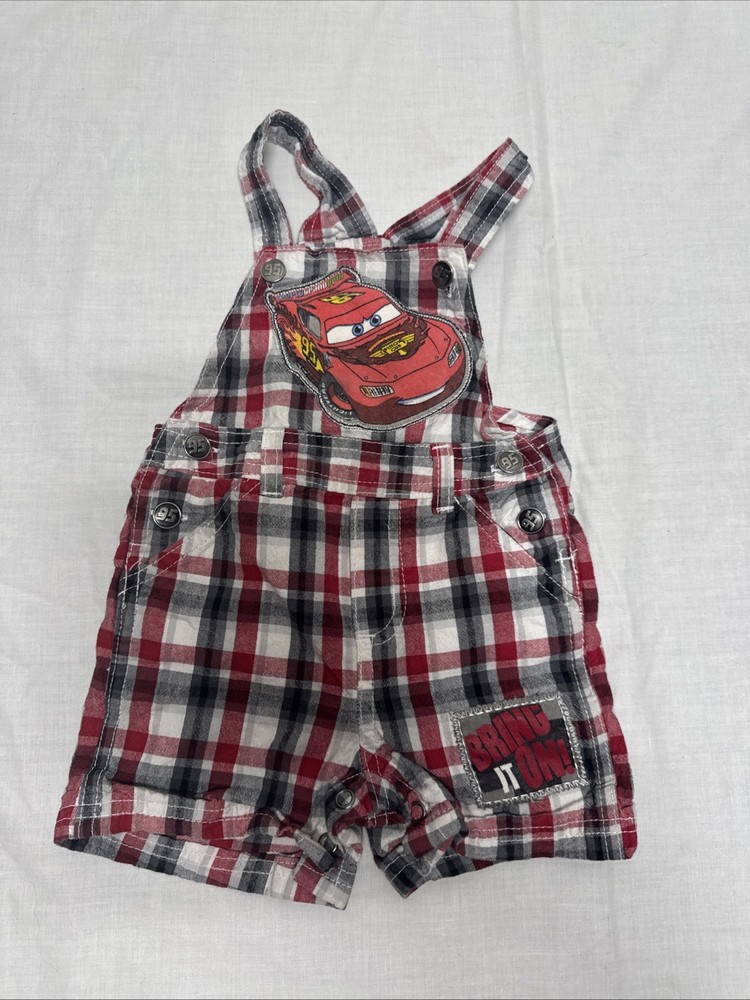 Disney Cars Lightning McQueen Vintage Plaid Short Overalls Boys 12 Months Red