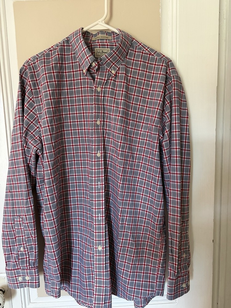L.L.Bean Wrinkle Resistant Plaid Button-Down Shirt Mens M Regular Red Blue White