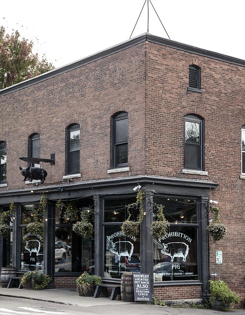 Photo:Waterbury Vermont Prohibition Pig Brewpub 2017 Brick Building Sign