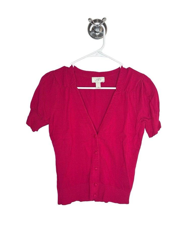 Ann Taylor LOFT Women's Pink Knit Button V-Neck Puff Sleeve Coquette Cardigan M