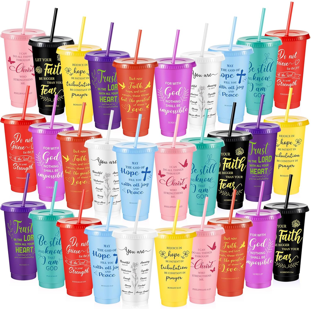 30 Pcs 24Oz Christian Bible Verse Tumblers with Lids and Straws for Church Events