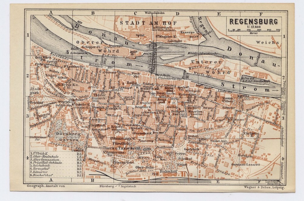 1910 Antique Map Of The City Of Regensburg Bavaria Bayern Germany
