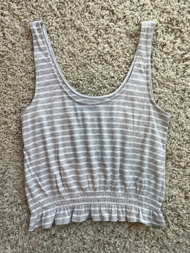 American Eagle Light Gray and White Striped Ruffle-Hem Tank Size S