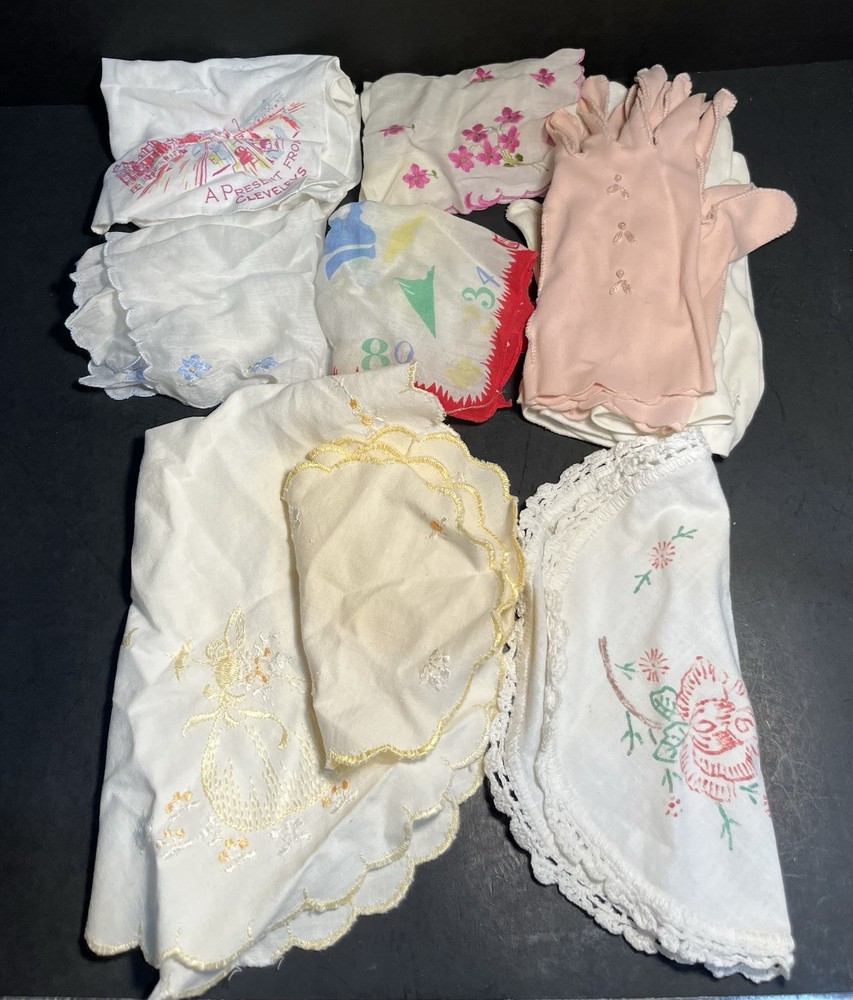 Lot of 12 Vintage Hankies, Gloves, Doilies Linen and Cotton Victorian Romantic