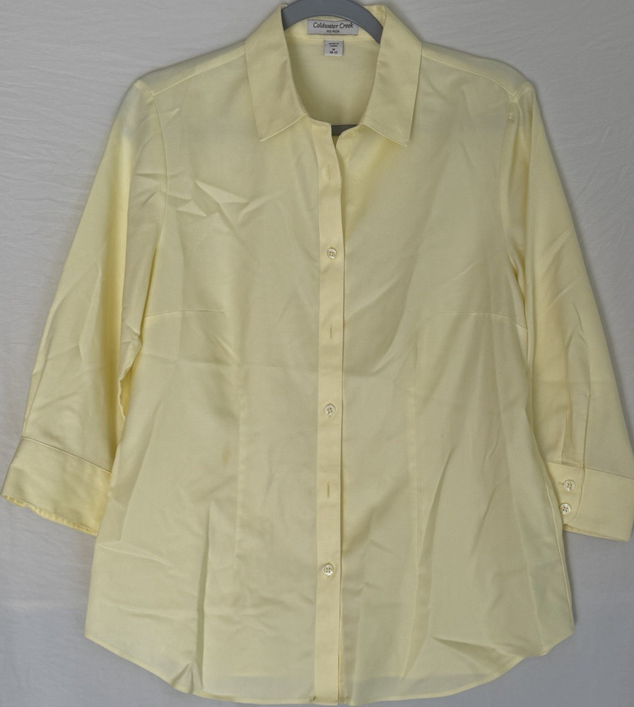 Coldwater Creek Blouse Yellow Collared Button-Down 3/4 Sleeve Size M 10-12
