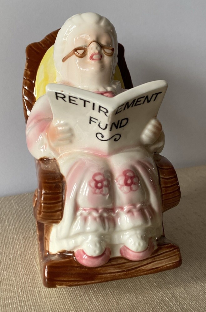 Hucha mecedora vintage Lefton China abuela fondo de jubilación usada en excelente estado-image