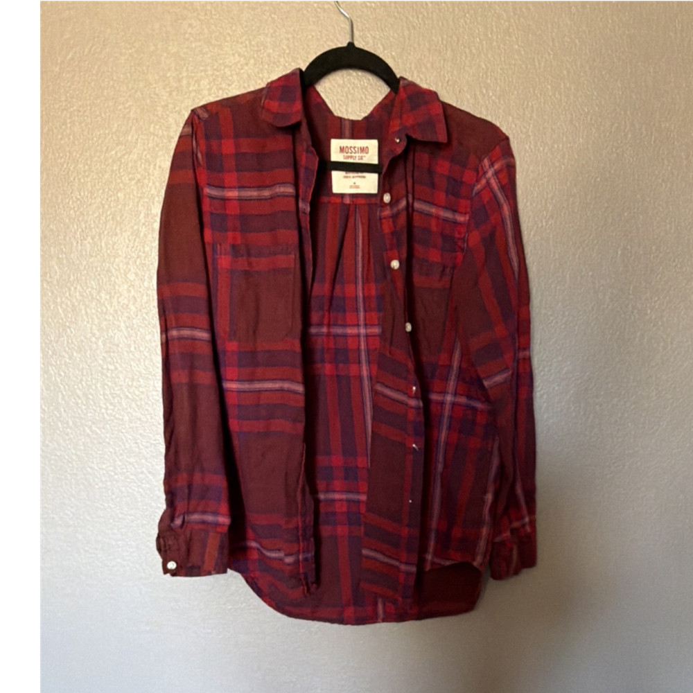 Mossimo Supply Co. Red Purple Plaid Flannel Boyfriend Button Shirt Women's M