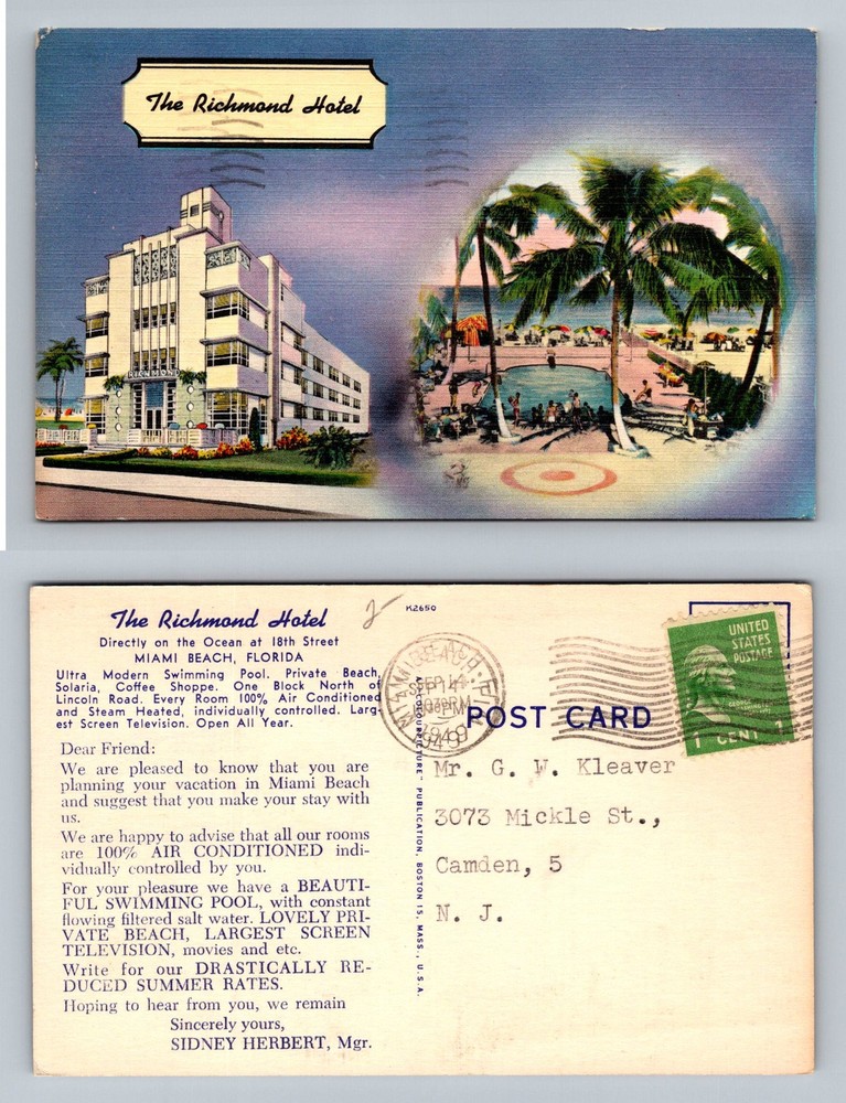 Miami Beach, FL-Florida, Richmond Hotel Ocean Patio Pool Vintage c1949 Postcard