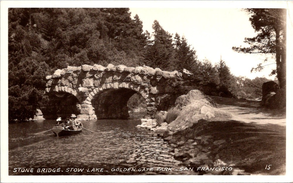 San Francisco CA Golden Gate Park Stone Bridge Stow Lake RPPC Postcard     30666