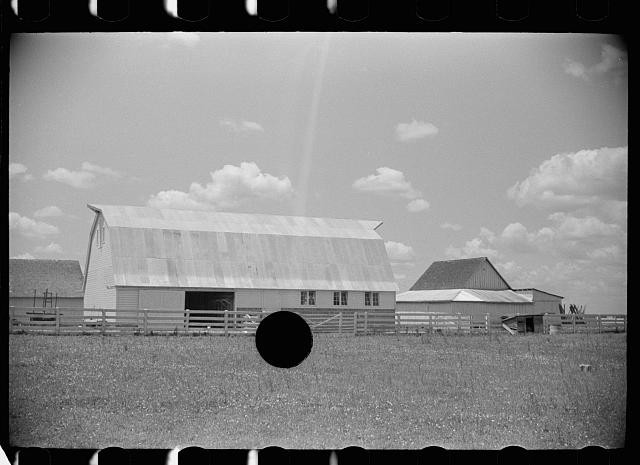 Photo:1930s Farm Barns Rural Landscape Black and White Photograph