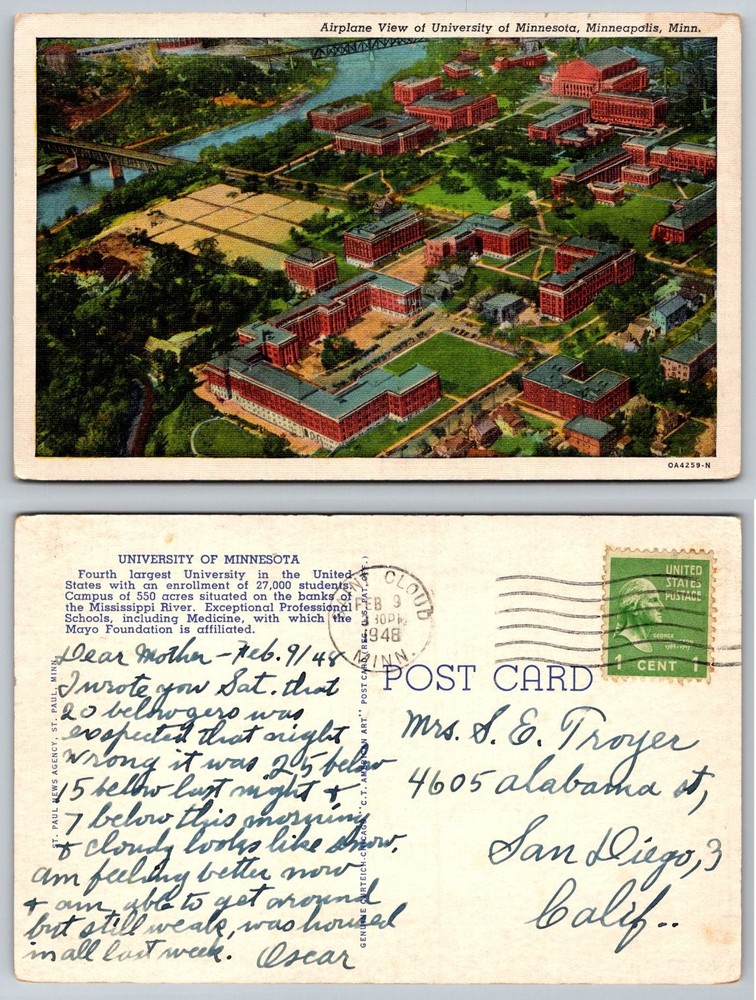 1948 University of Minnesota Minneapolis MN Aerial View Linen Postcard