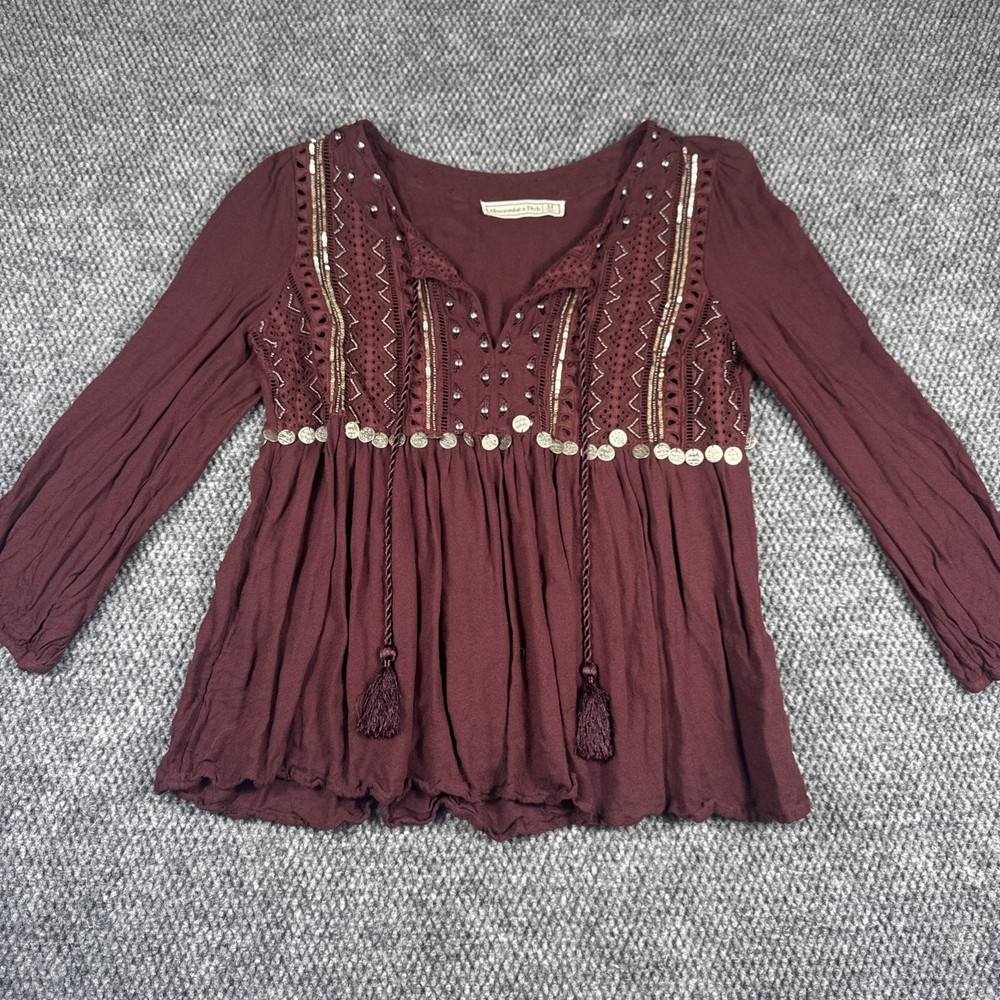 Abercrombie & Fitch Boho Peasant Top Womens M Maroon Embroidered Tassel Festival