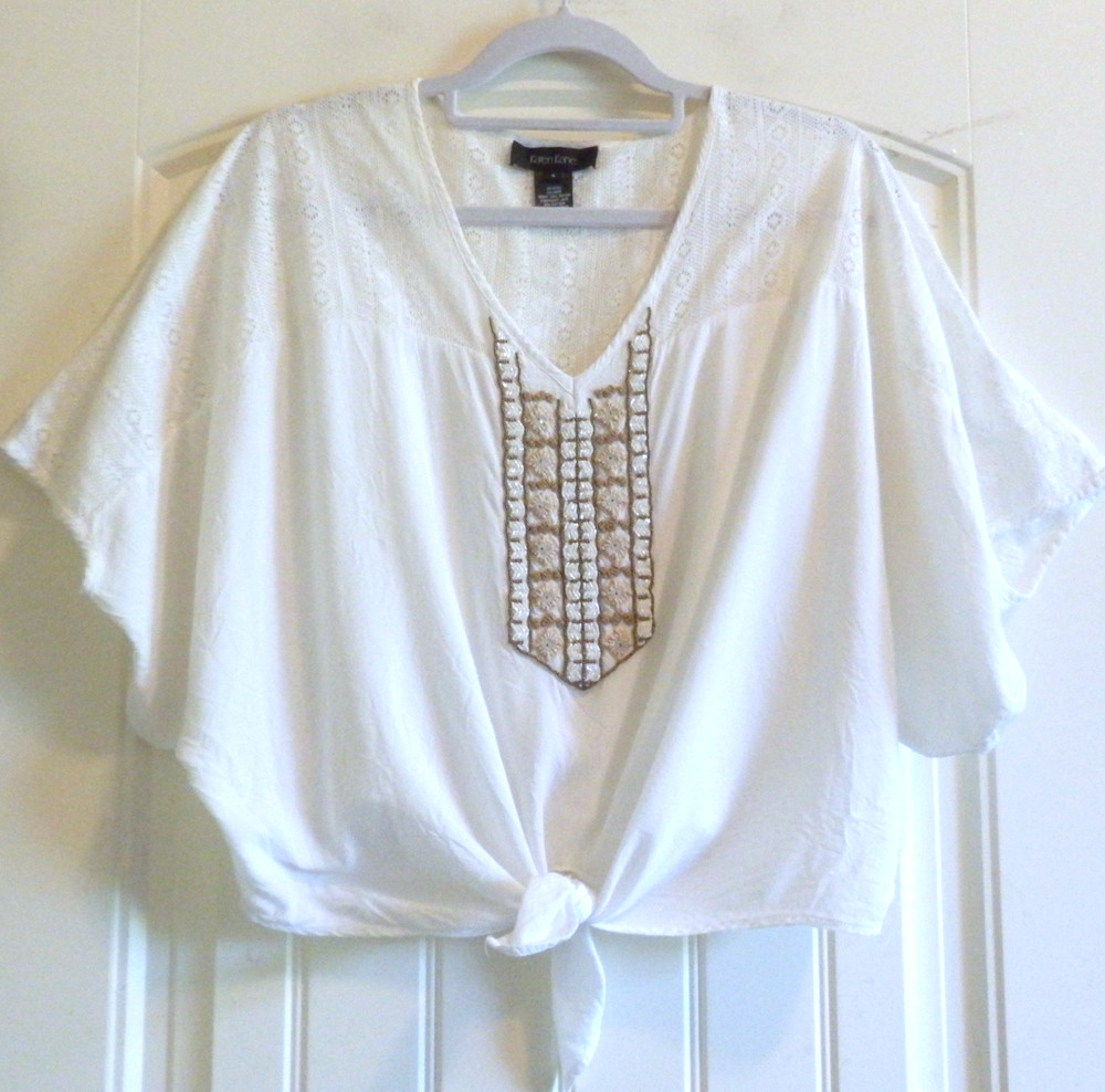 $128 Karen Kane Beige Tie Front V-Neck Beaded Crop Top Blouse Women's SZ S