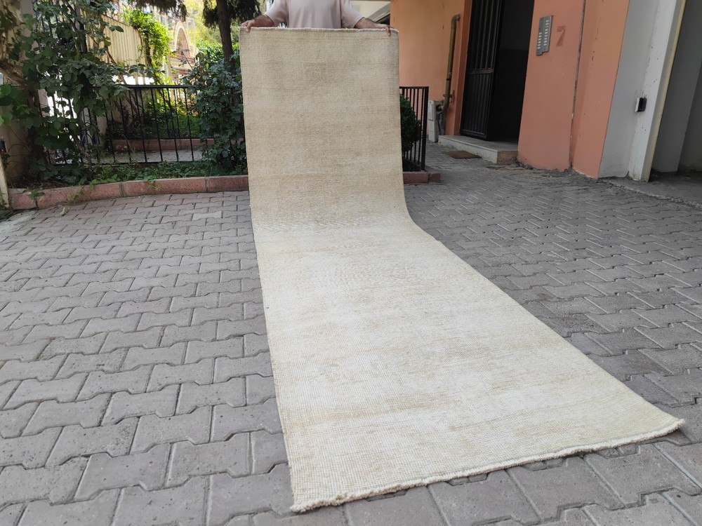 3x11 Handmade Beige Turkish Vintage Runner Rug Neutral Striped Hallway