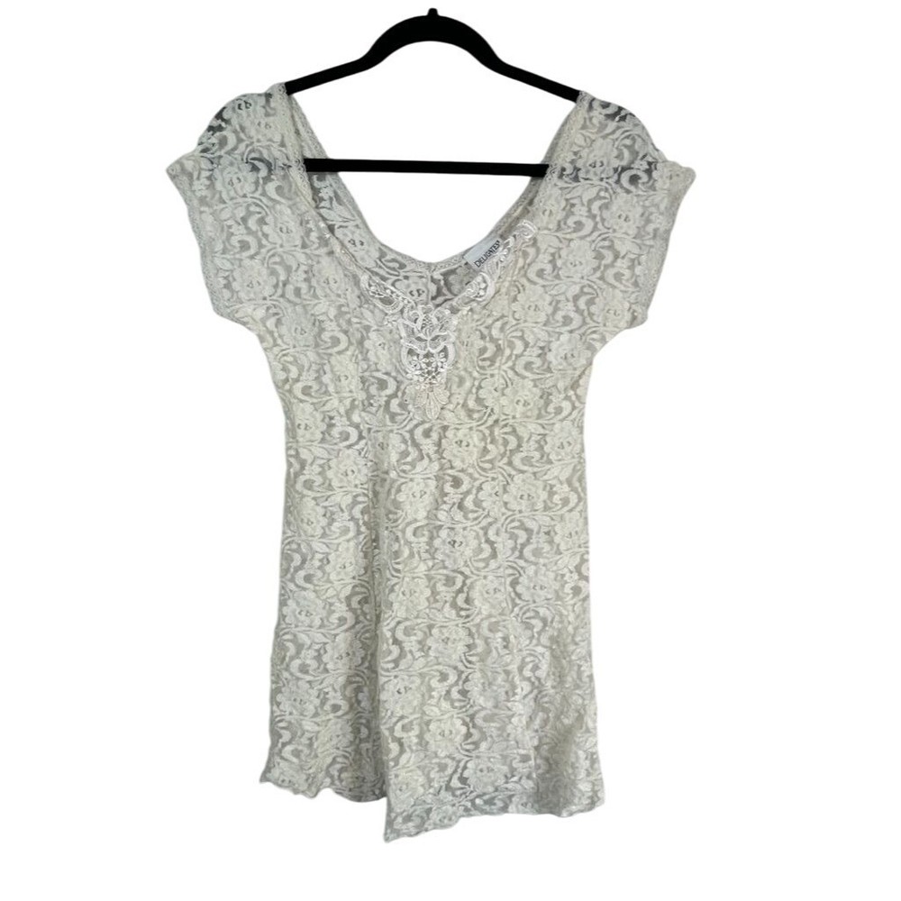 Deligates Babydoll Top M White Lace Floral Mesh Regency Coquette Indie Festival