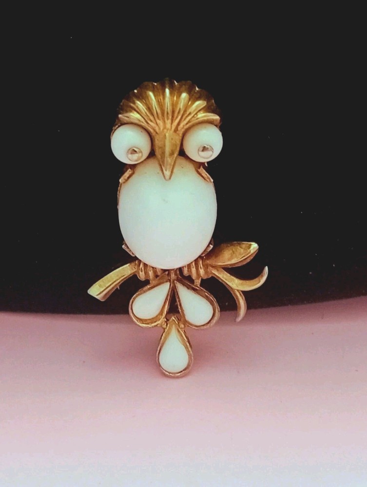 TRIFARI Vintage Milk Glass Owl Brooch Pin