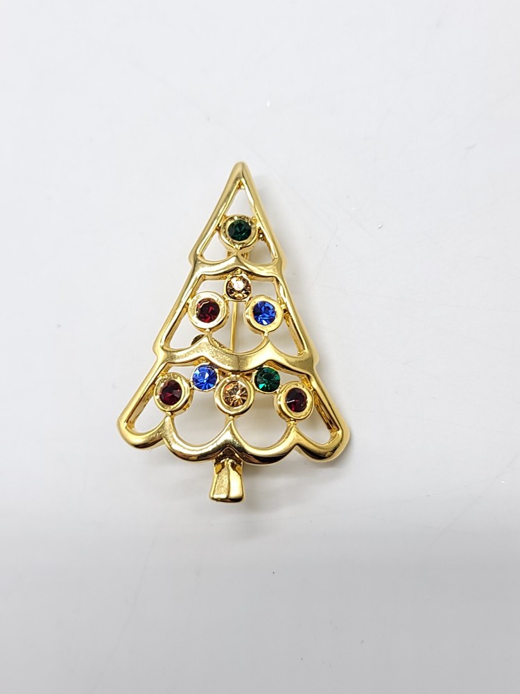 Eisenberg Ice Multi-Color Rhinestone Gold Tone Christmas Tree Brooch Openwork