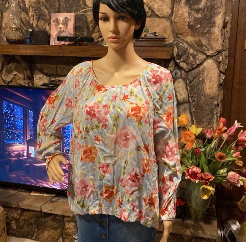 J Jill Blouse Large Floral Cold Shoulder Blue Long Sleeve Boho Colorful Flowy