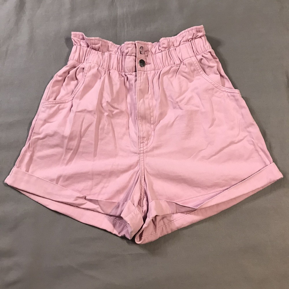 H&M Shorts Womens 8 Pink Paperbag Elastic Waist Cuffed High Rise