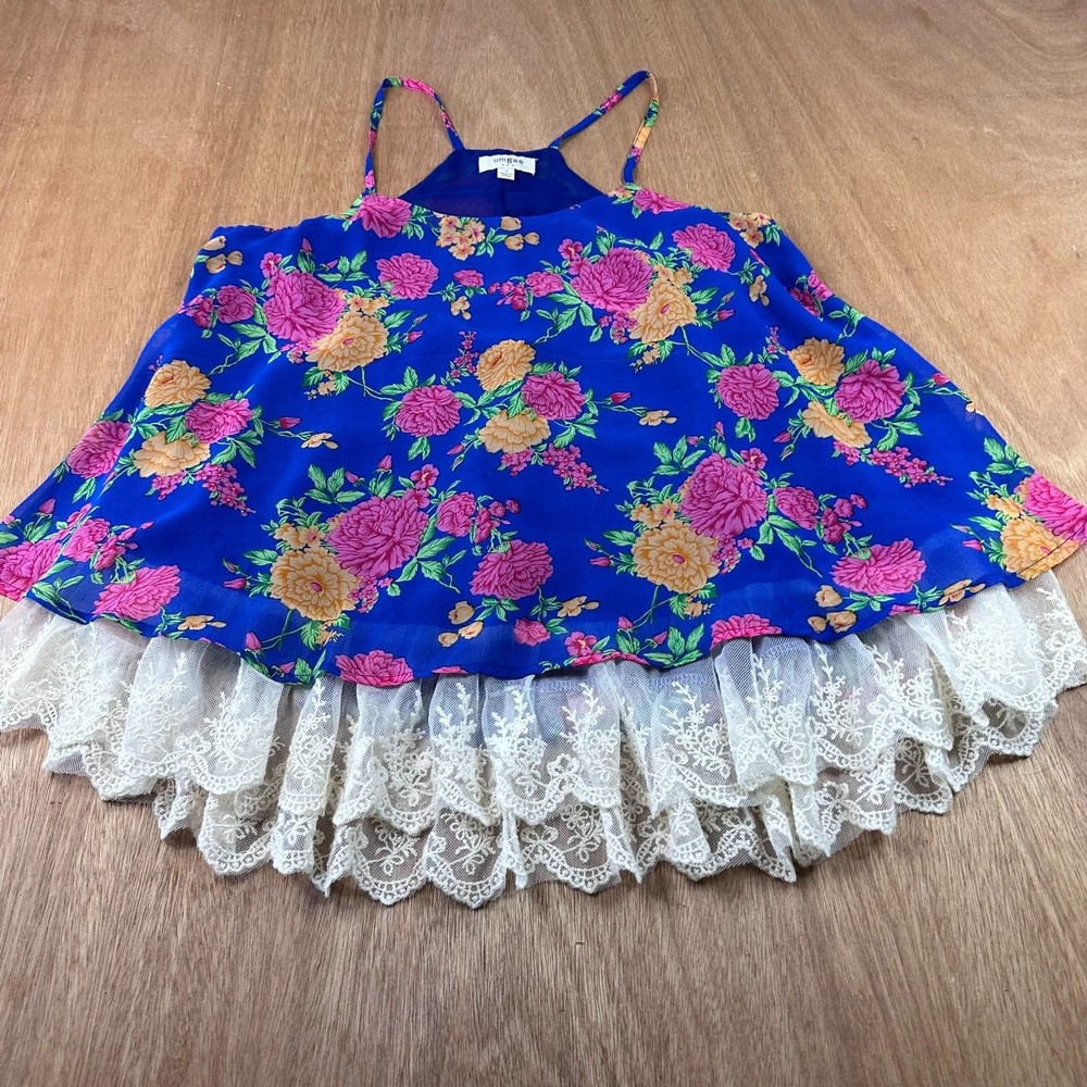 Umgee S Blue Floral Lace Hem Boho Cottagecore Top