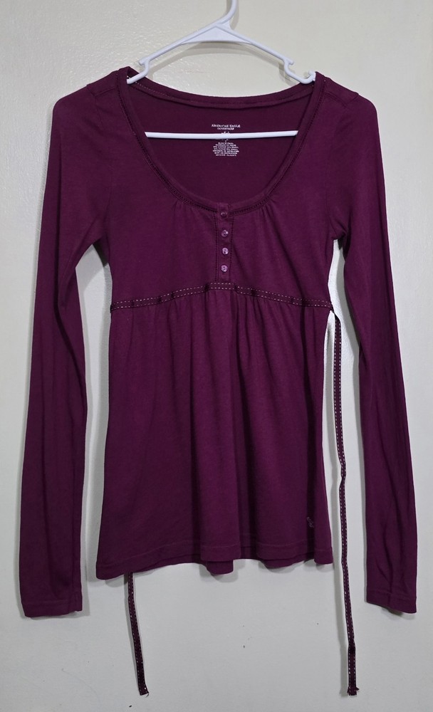 Y2K Vintage American Eagle Cranberry Henley Babydoll Tie Back Blouse Top Size S