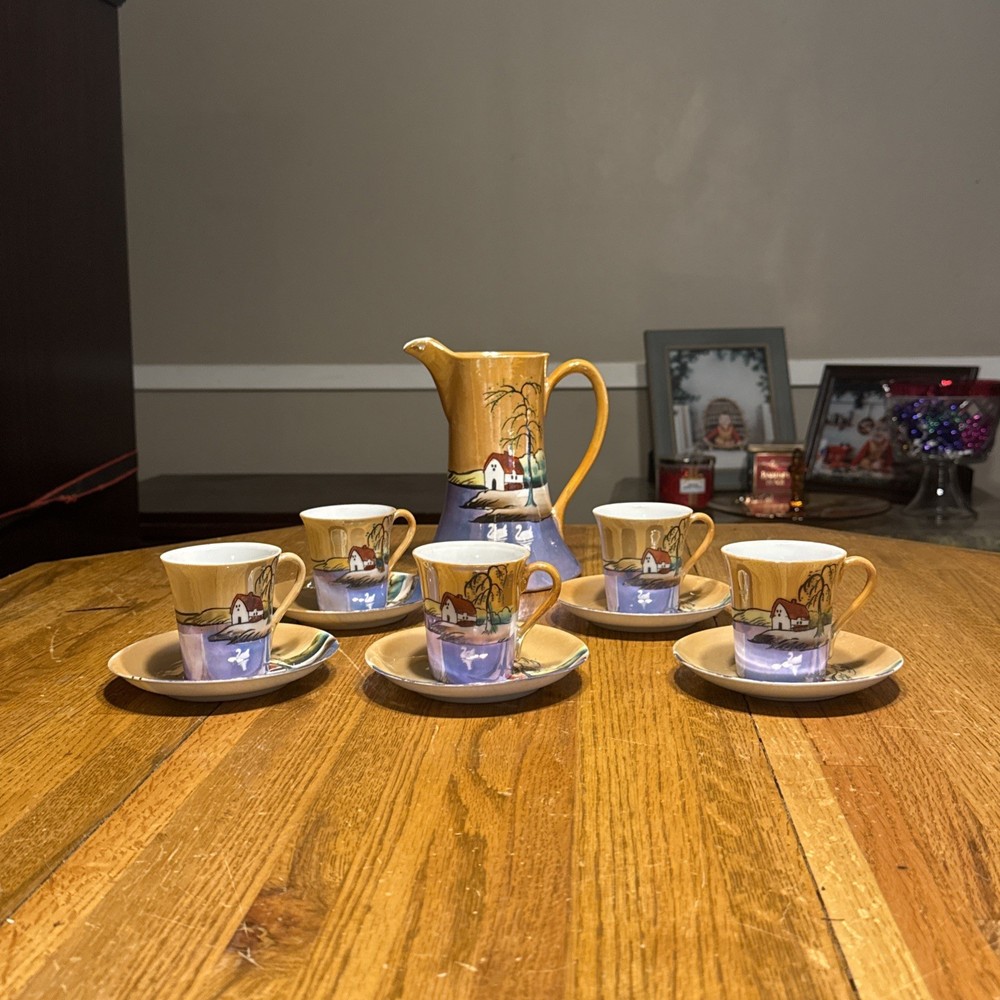 Japanese Iridescent Lusterware Tea Set with 5 Cups, Saucers, and Serving Pot