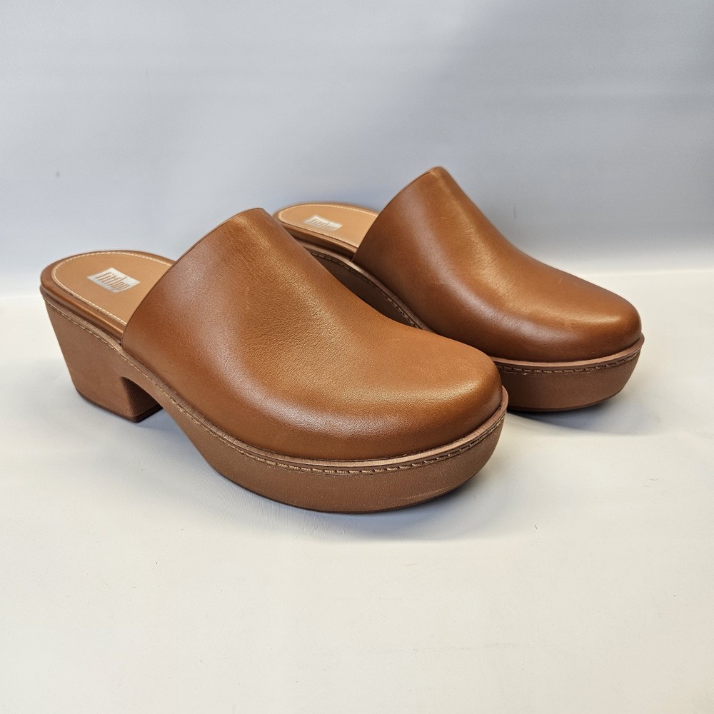 FitFlop Pilar Clog Mules Womens Tan Leather Chunky Platform Slip On Clog 10