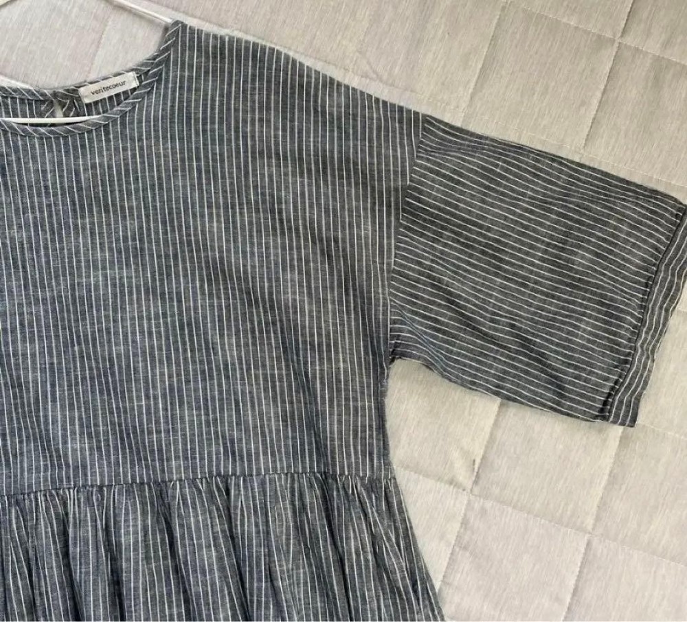 veritecoeur Long Cotton Dress Gray White Stripes Size F Women's New