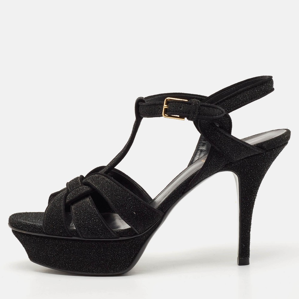 Saint Laurent Black Suede and Quartz Glitter Tribute Platform Sandals Size 37.5